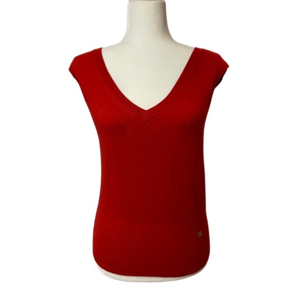 Tory Burch Chanel Red V-Neck Cap Sleeve Top 100% Merino wool